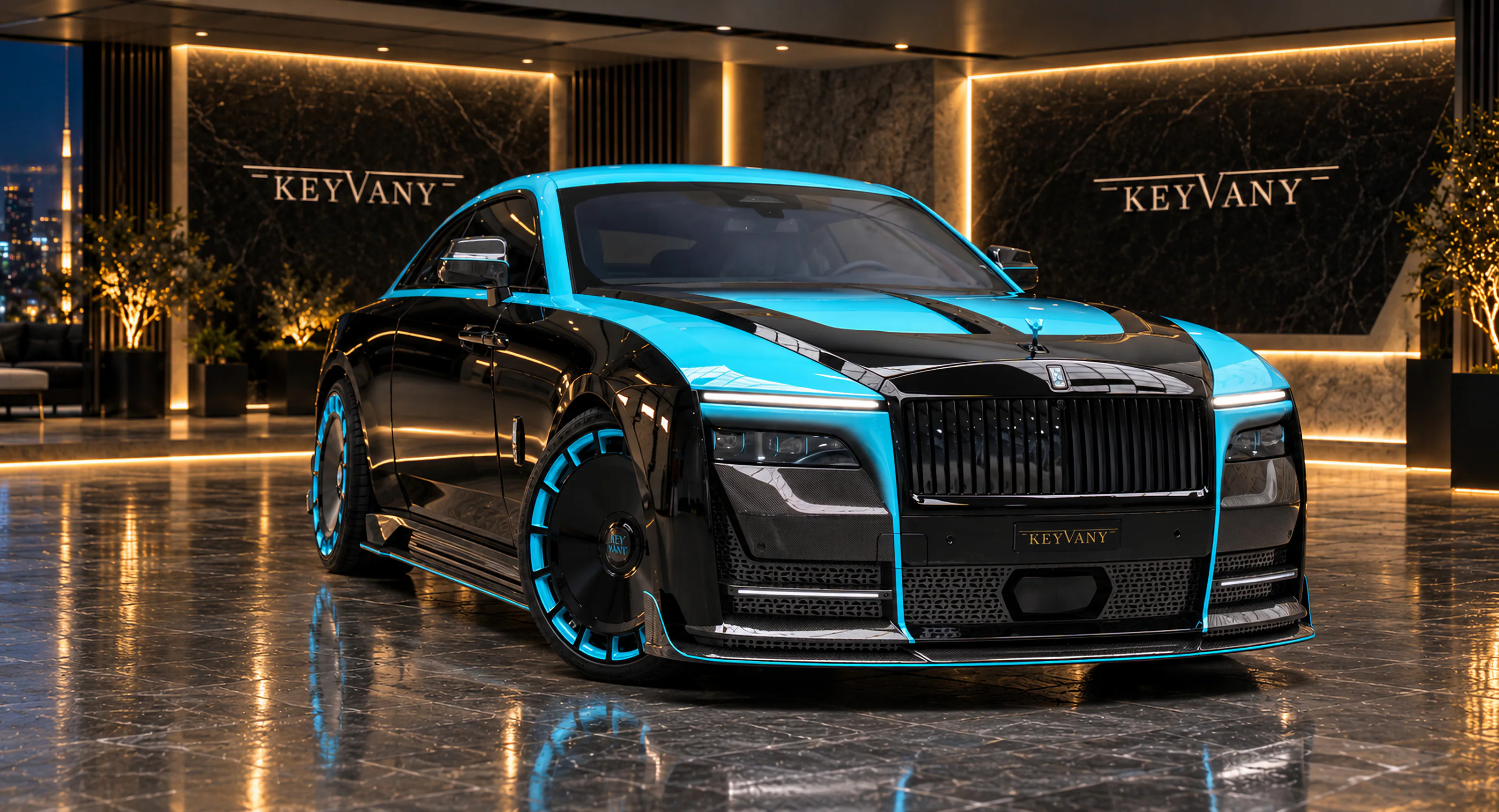 The black and turquoise Keyvany Spectacular Rolls-Royce Spectre from the front three-quarter angle