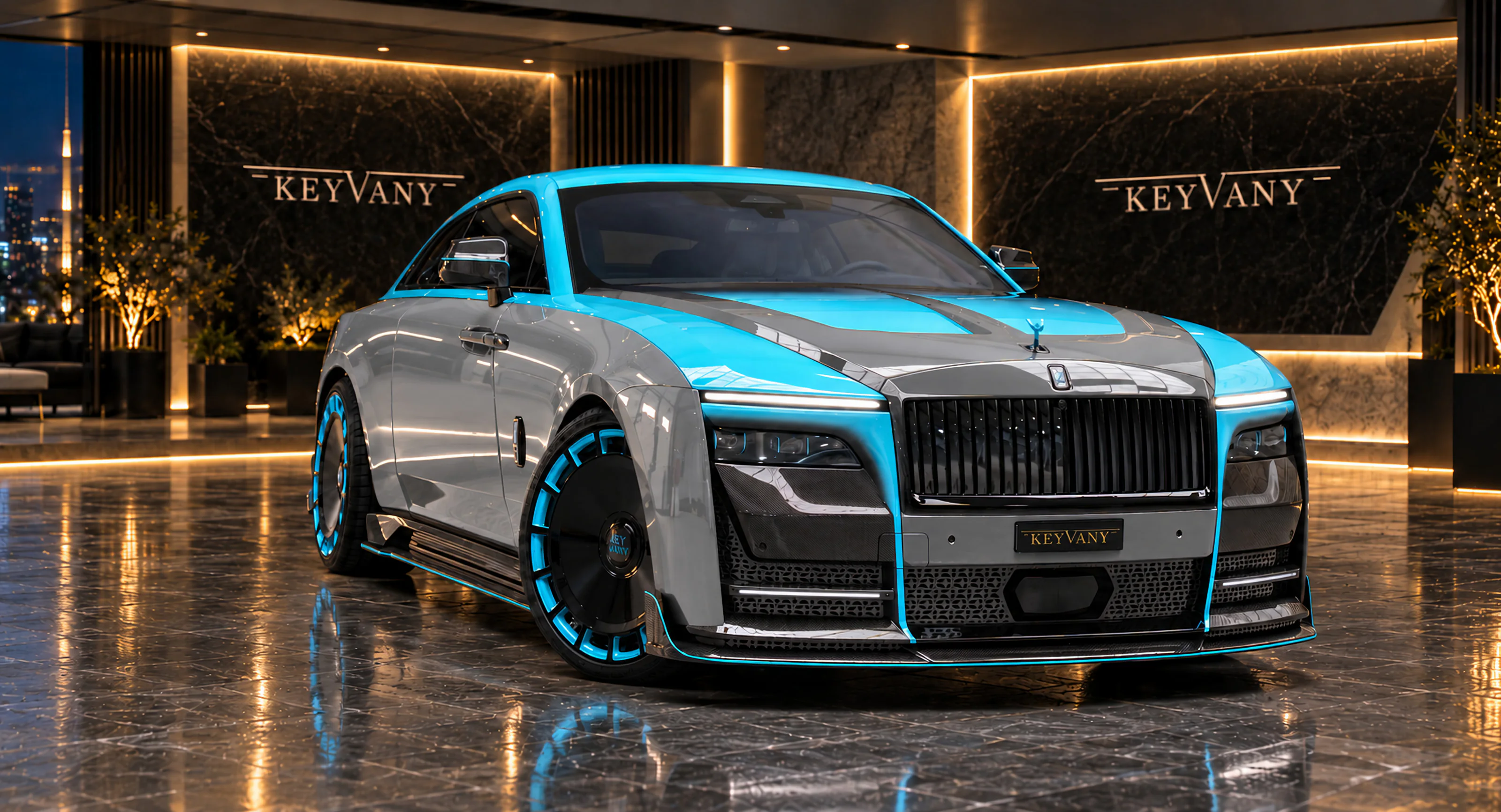 The silver and turquoise Keyvany Spectacular Rolls-Royce Spectre from the front three-quarter angle