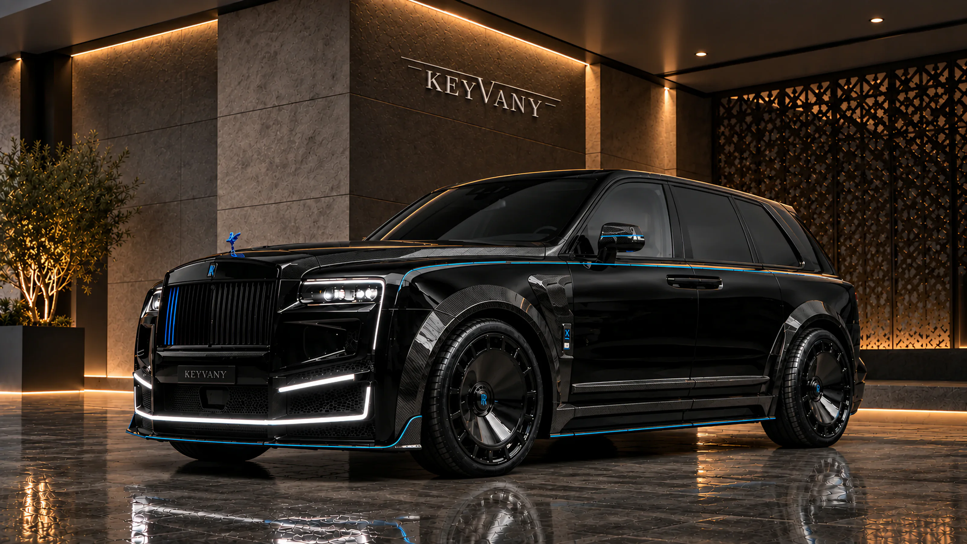 Cinematic Dubai atelier portrait of Black Hayula ii w Blue Interiors