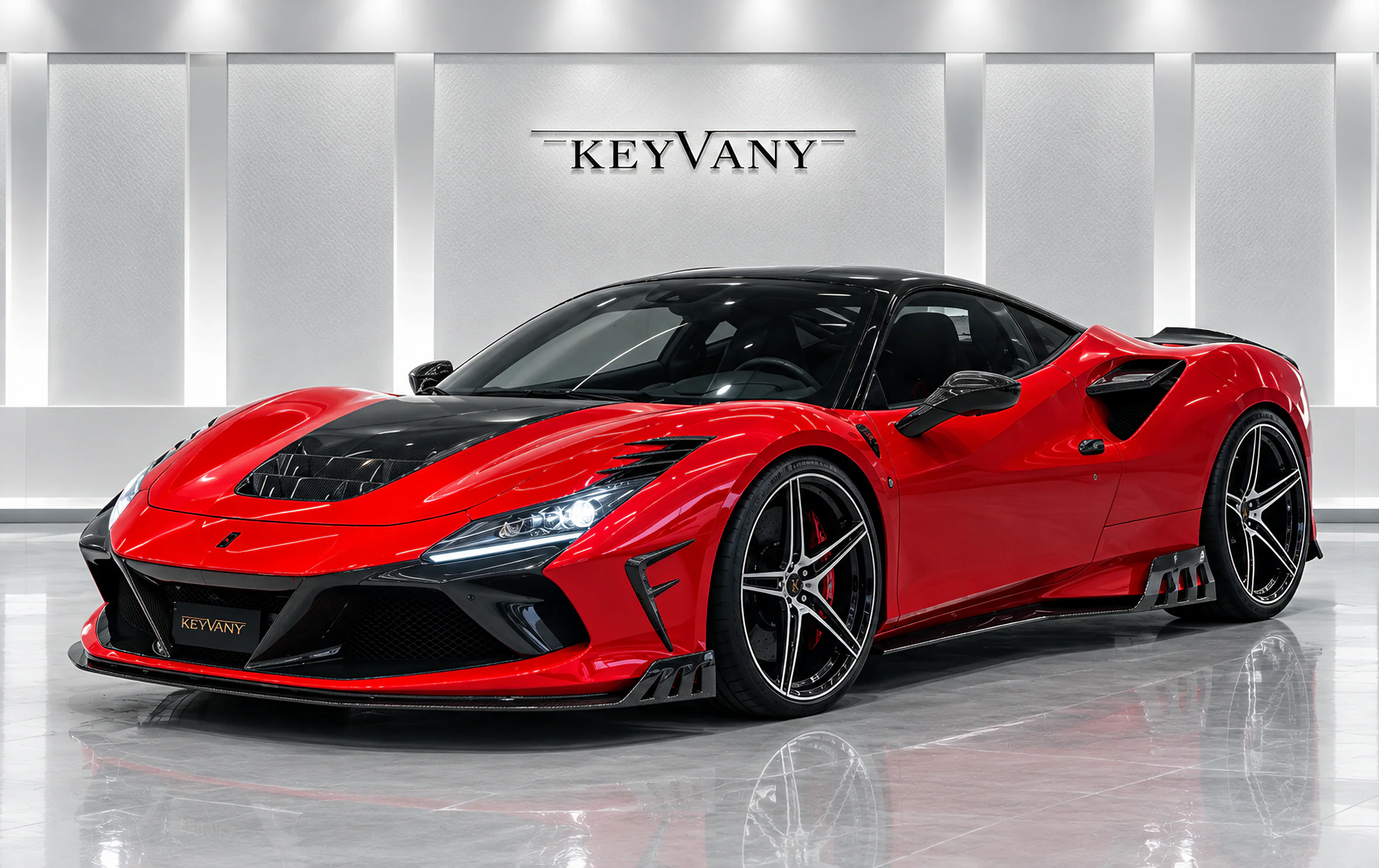 Cinematic Dubai atelier portrait of KEYVANY Ferrari F8 840 HP